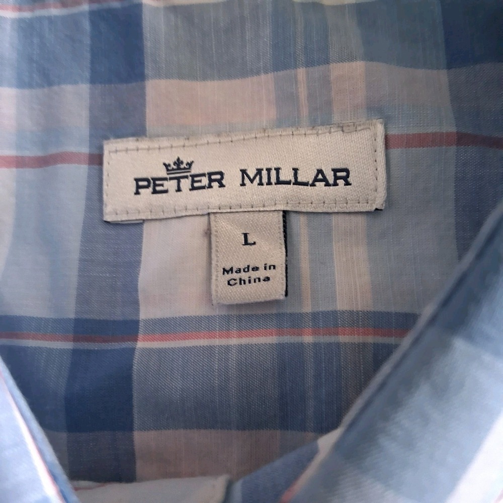 Peter Millar Men's Large Long Sleeve Plaid Stretch Shirt Blue White - Picture 8 of 14